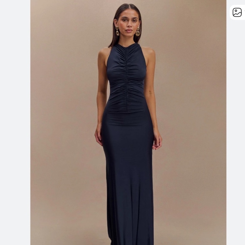 Meshki Blue Slinky Halter Maxi Dress